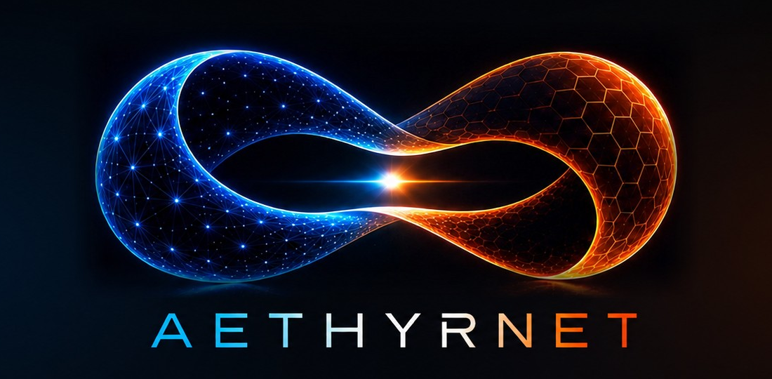 Aethyrnet — blue-and-orange Möbius mark and wordmark